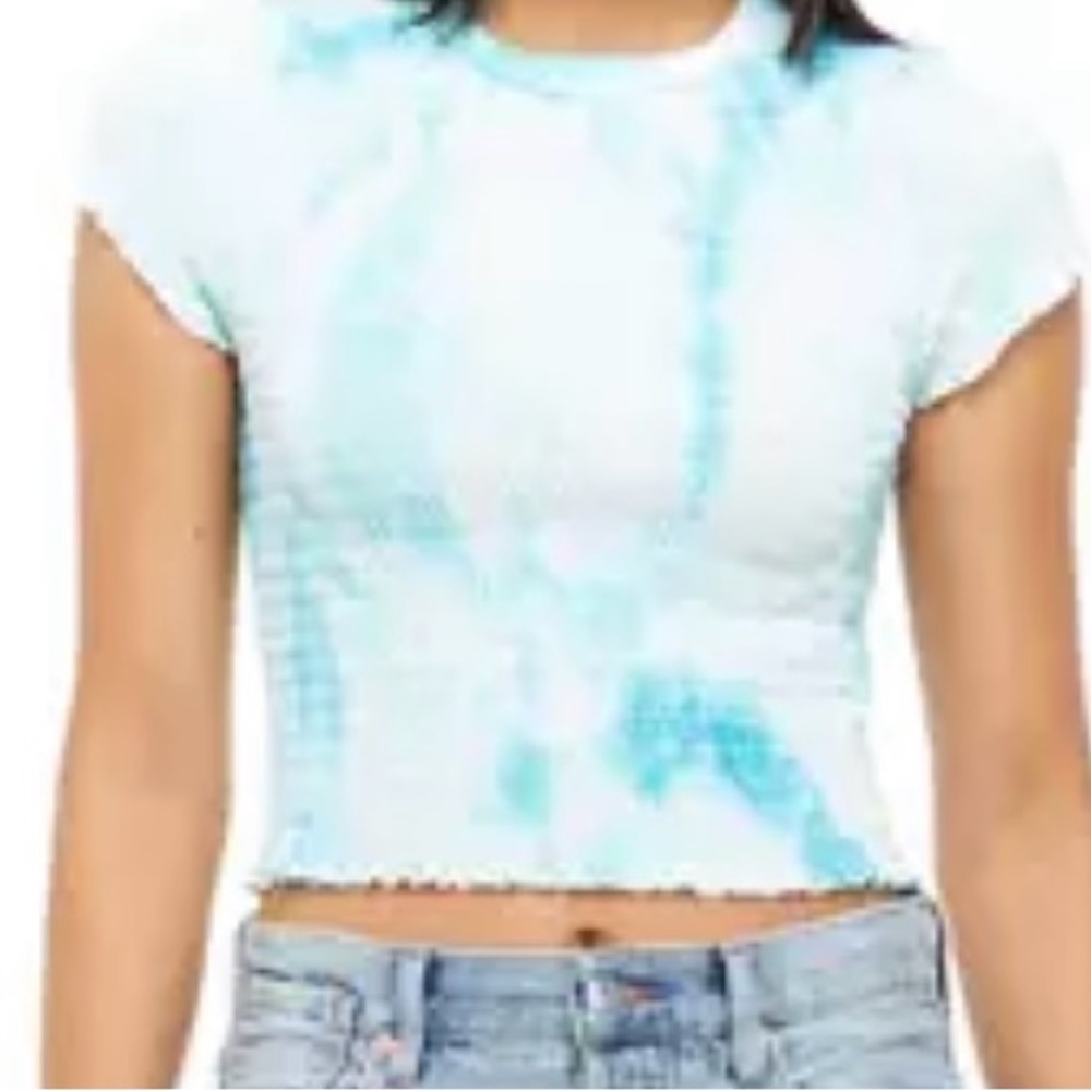 Cabana by crown and Ivy crop Blue and White Smocked T-Shirt with scalloped edges